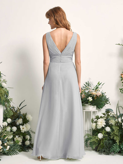 Carlyna Mollie A-Line Silver Bridesmaid Dress Maxi Sleeveless V-Neck Dress Back View #color_silver