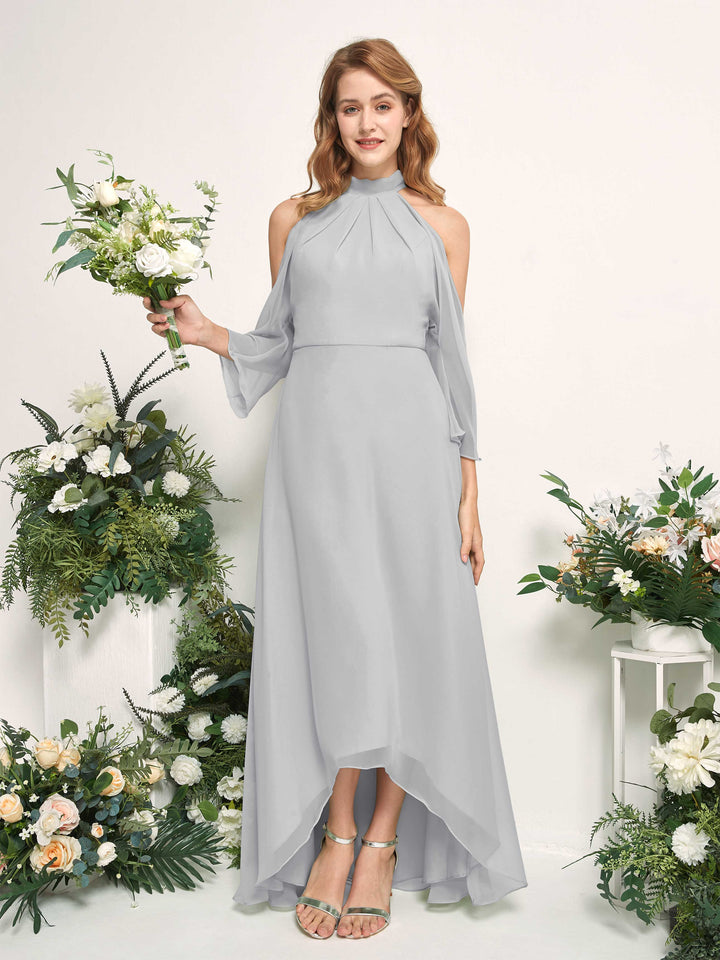Bridesmaid Dress A-line Chiffon Halter High Low 3/4 Sleeves Wedding Party Dress - Silver (81227627)