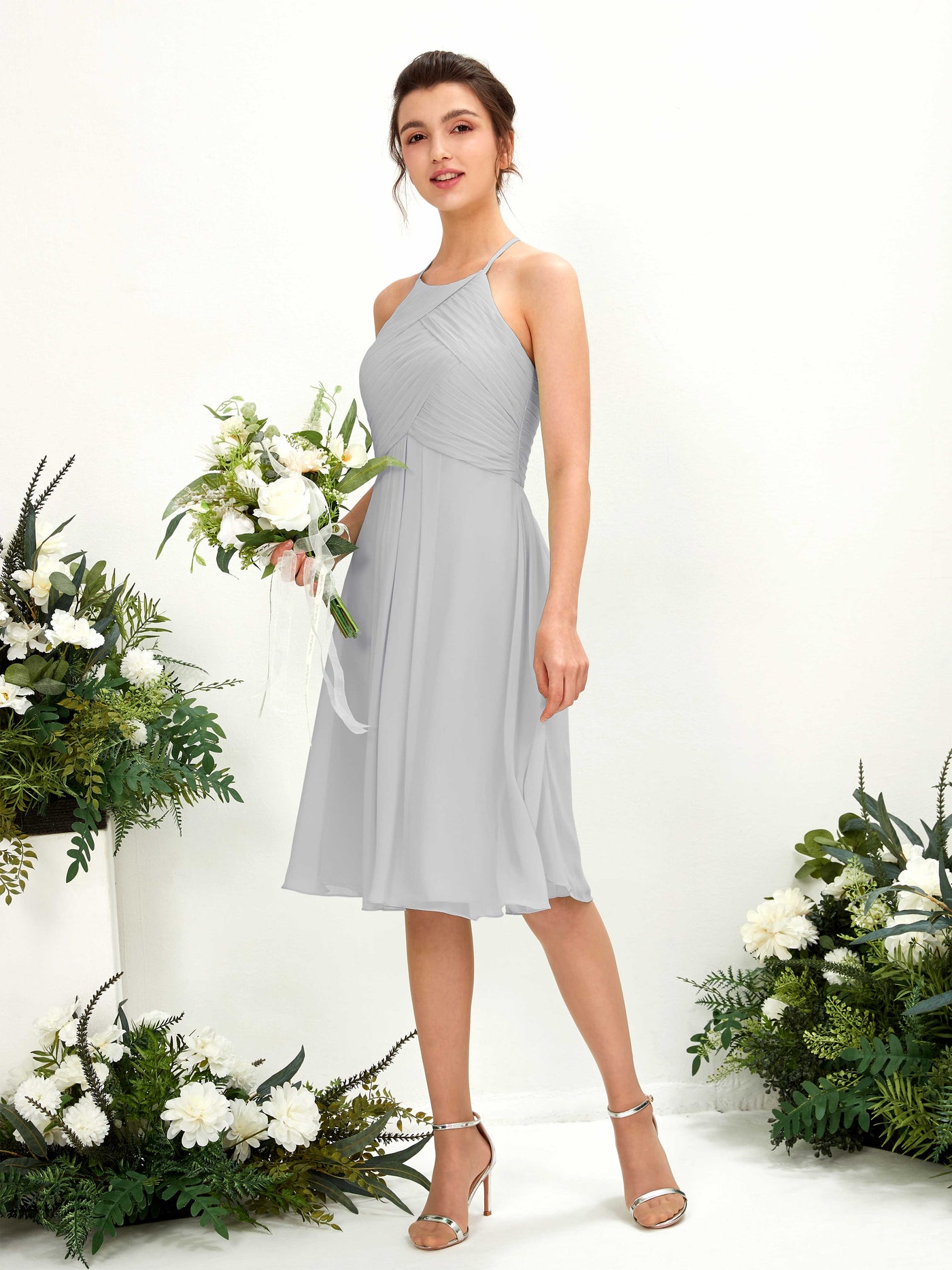 Silver Bridesmaid Dresses Bridesmaid Dress A-line Chiffon Halter Knee Length Sleeveless Wedding Party Dress (81220427)#color_silver