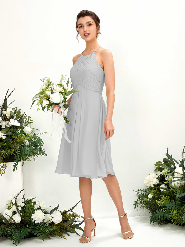 Silver Bridesmaid Dresses Bridesmaid Dress A-line Chiffon Halter Knee Length Sleeveless Wedding Party Dress (81220427)
