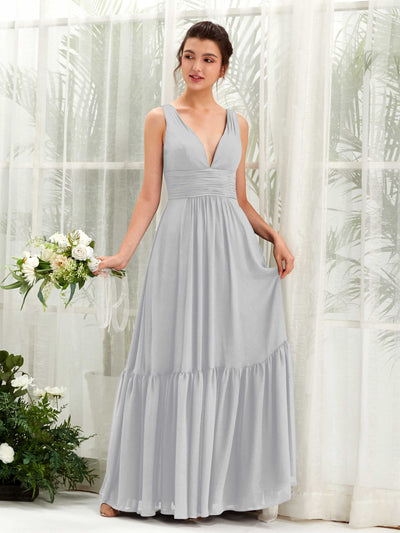 Carlyna Alissa A-Line Silver Bridesmaid Dress Maxi Sleeveless V-Neck Dress Front View #color_silver