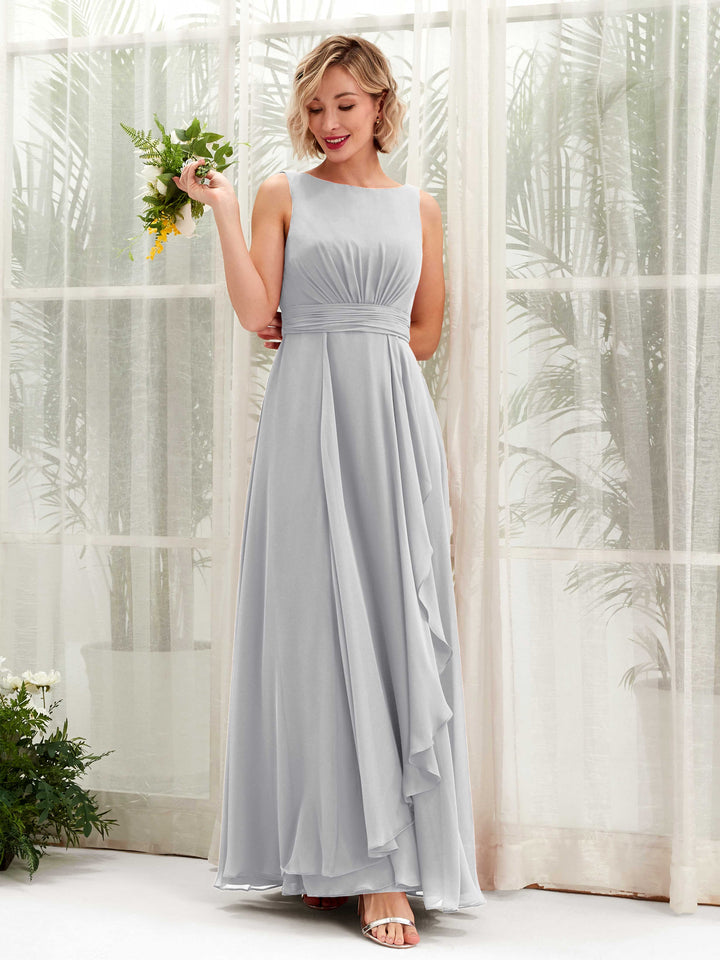 Silver Bridesmaid Dresses Bridesmaid Dress A-line Chiffon Bateau Full Length Sleeveless Wedding Party Dress (81225827)