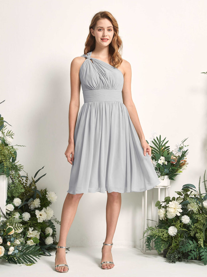 Bridesmaid Dress A-line Chiffon One Shoulder Knee Length Sleeveless Wedding Party Dress - Silver (81221227)