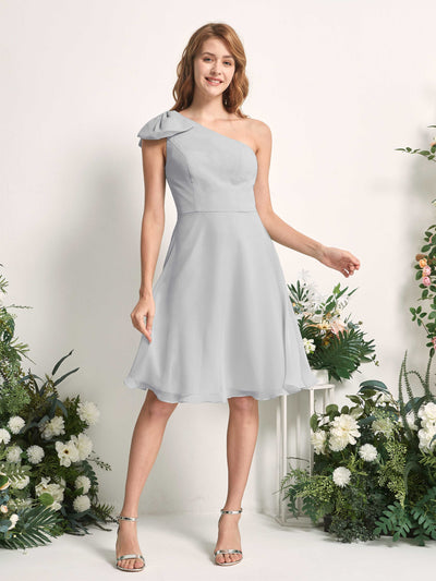 Bridesmaid Dress A-line Chiffon One Shoulder Knee Length Sleeveless Wedding Party Dress - Silver (81227027)#color_silver
