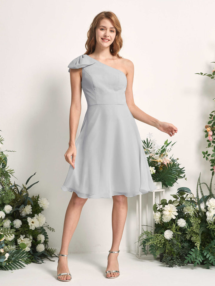 Bridesmaid Dress A-line Chiffon One Shoulder Knee Length Sleeveless Wedding Party Dress - Silver (81227027)