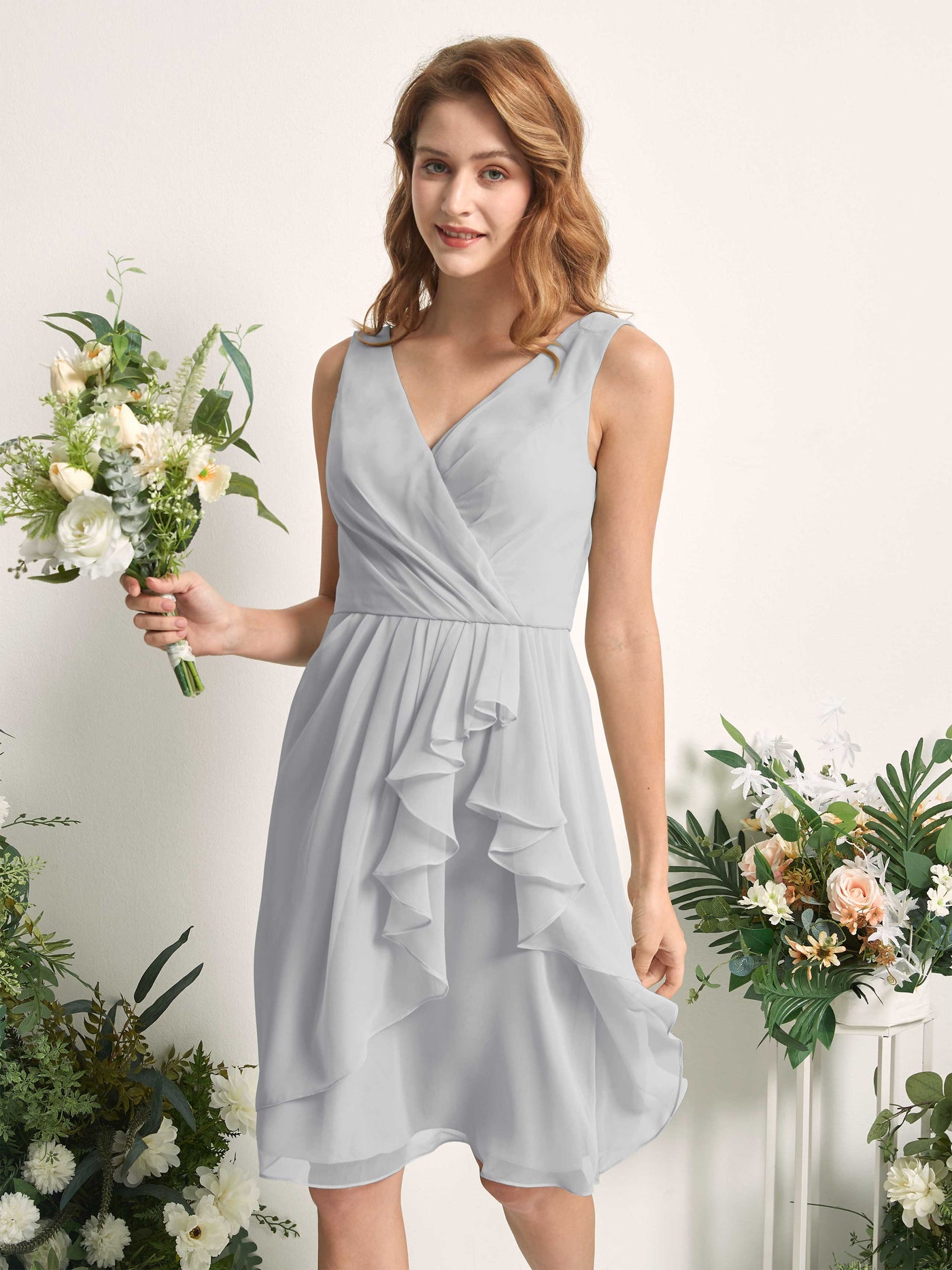 Bridesmaid Dress A-line Chiffon Straps Knee Length Sleeveless Wedding Party Dress - Silver (81226627)#color_silver