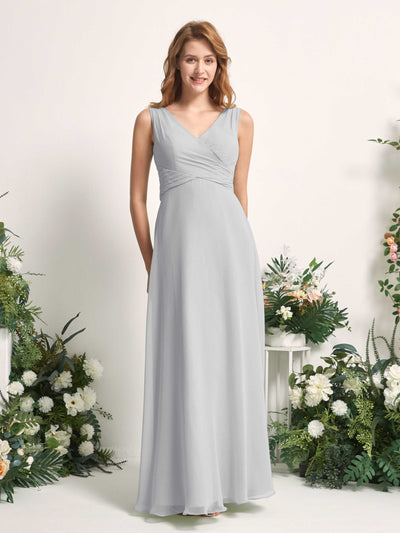 Carlyna June A-Line Silver Bridesmaid Dress Maxi Sleeveless V-Neck Dress Front View #color_silver