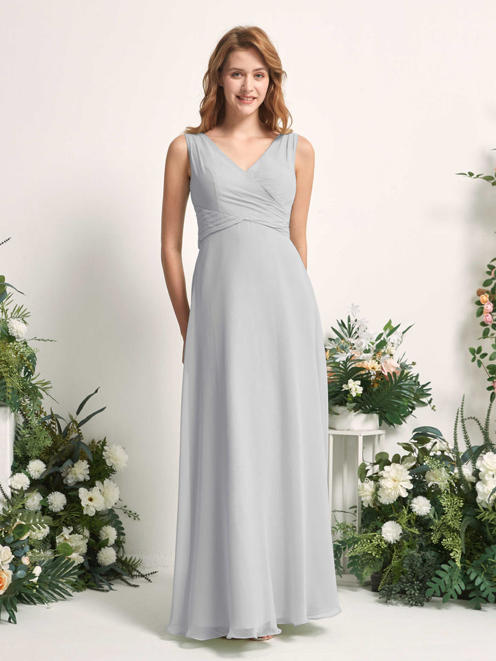 Bridesmaid Dress A-line Chiffon Straps Full Length Sleeveless Wedding Party Dress - Silver (81227327)