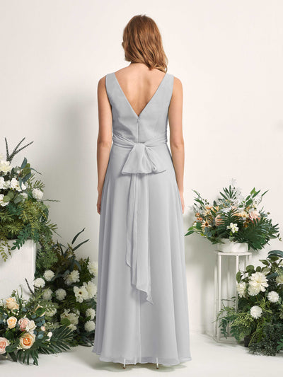 Carlyna June A-Line Silver Bridesmaid Dress Maxi Sleeveless V-Neck Dress Back View #color_silver