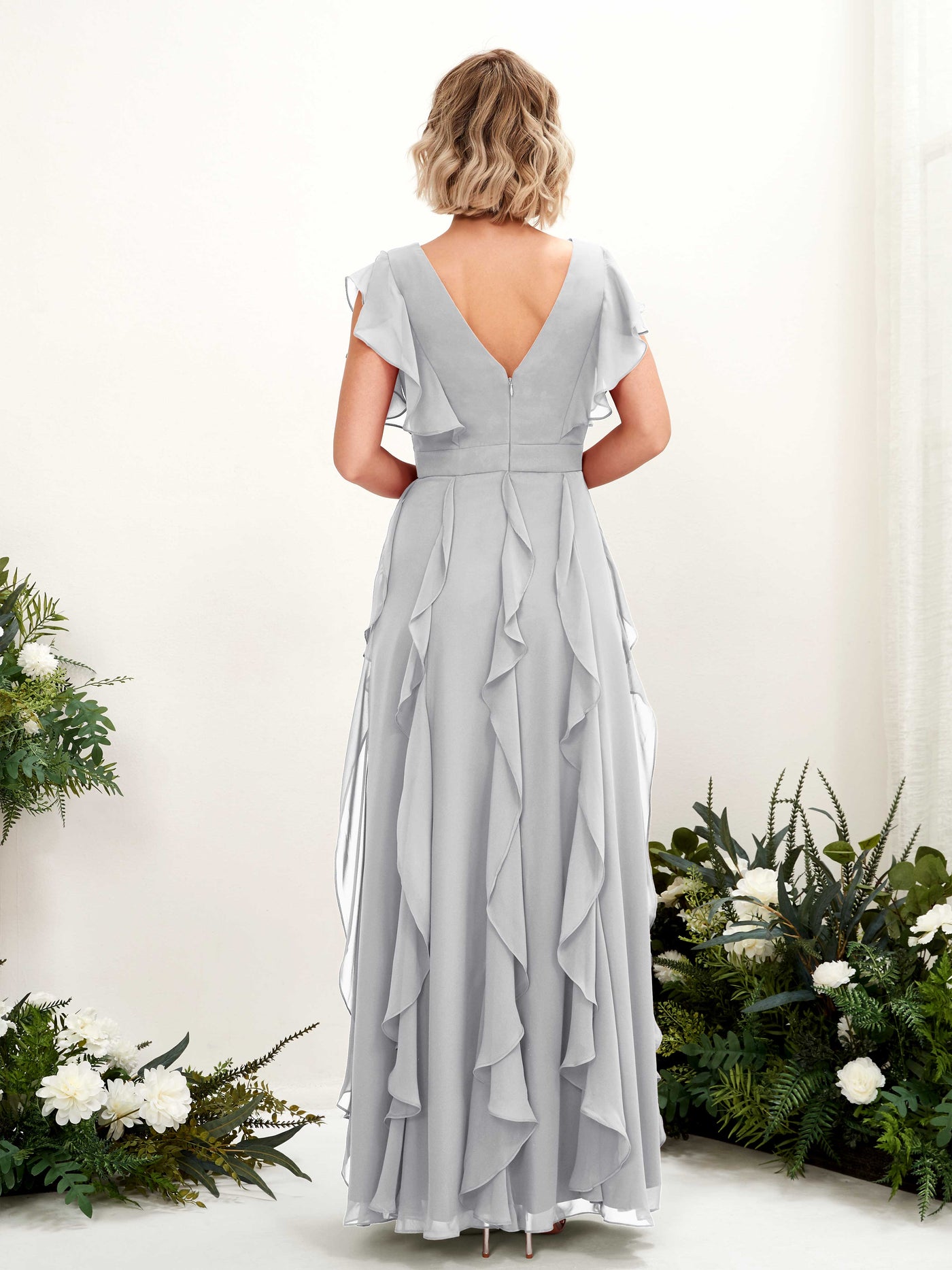 A-line Open back V-neck Short Sleeves Chiffon Bridesmaid Dress - Silver (81226027)#color_silver