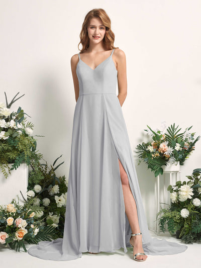 Carlyna Marcia A-Line Silver Bridesmaid Dress Maxi Sleeveless V-Neck Dress Front View #color_silver
