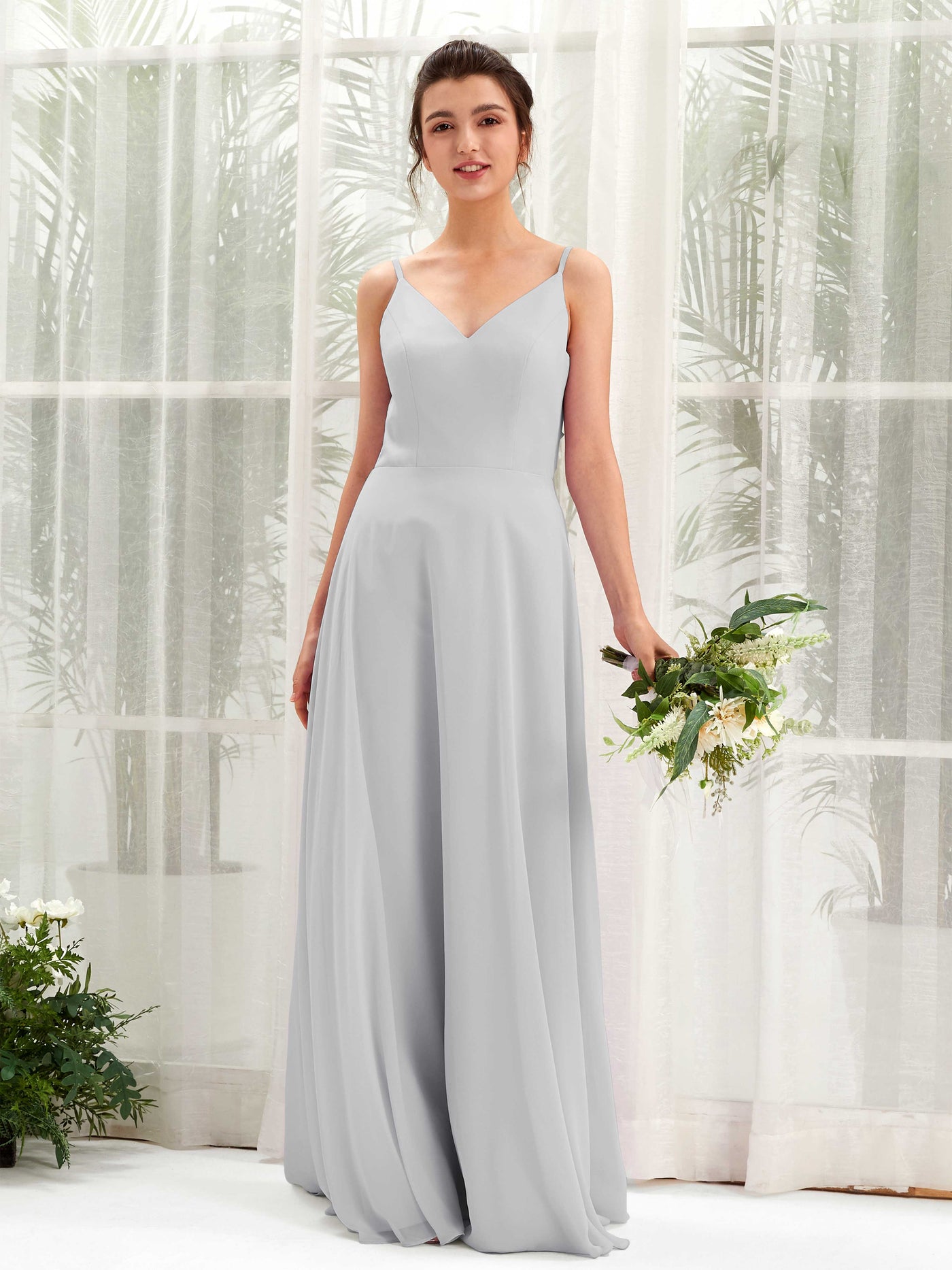 Silver Bridesmaid Dresses Bridesmaid Dress A-line Chiffon Spaghetti-straps Full Length Sleeveless Wedding Party Dress (81220627)#color_silver