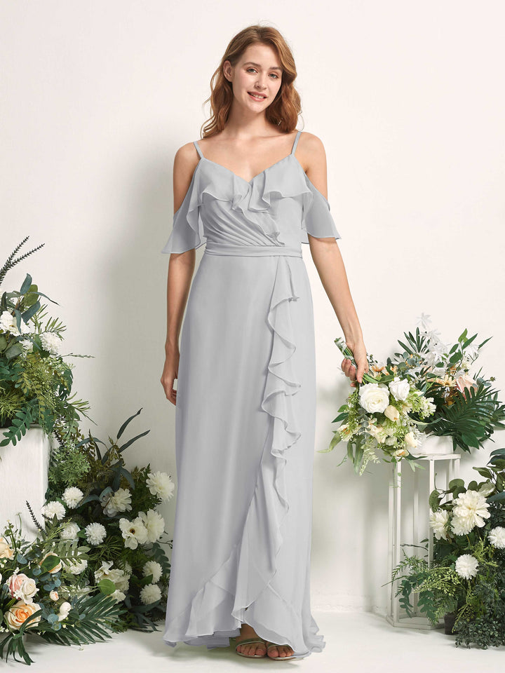 Bridesmaid Dress A-line Chiffon Spaghetti-straps Full Length Sleeveless Wedding Party Dress - Silver (81227427)