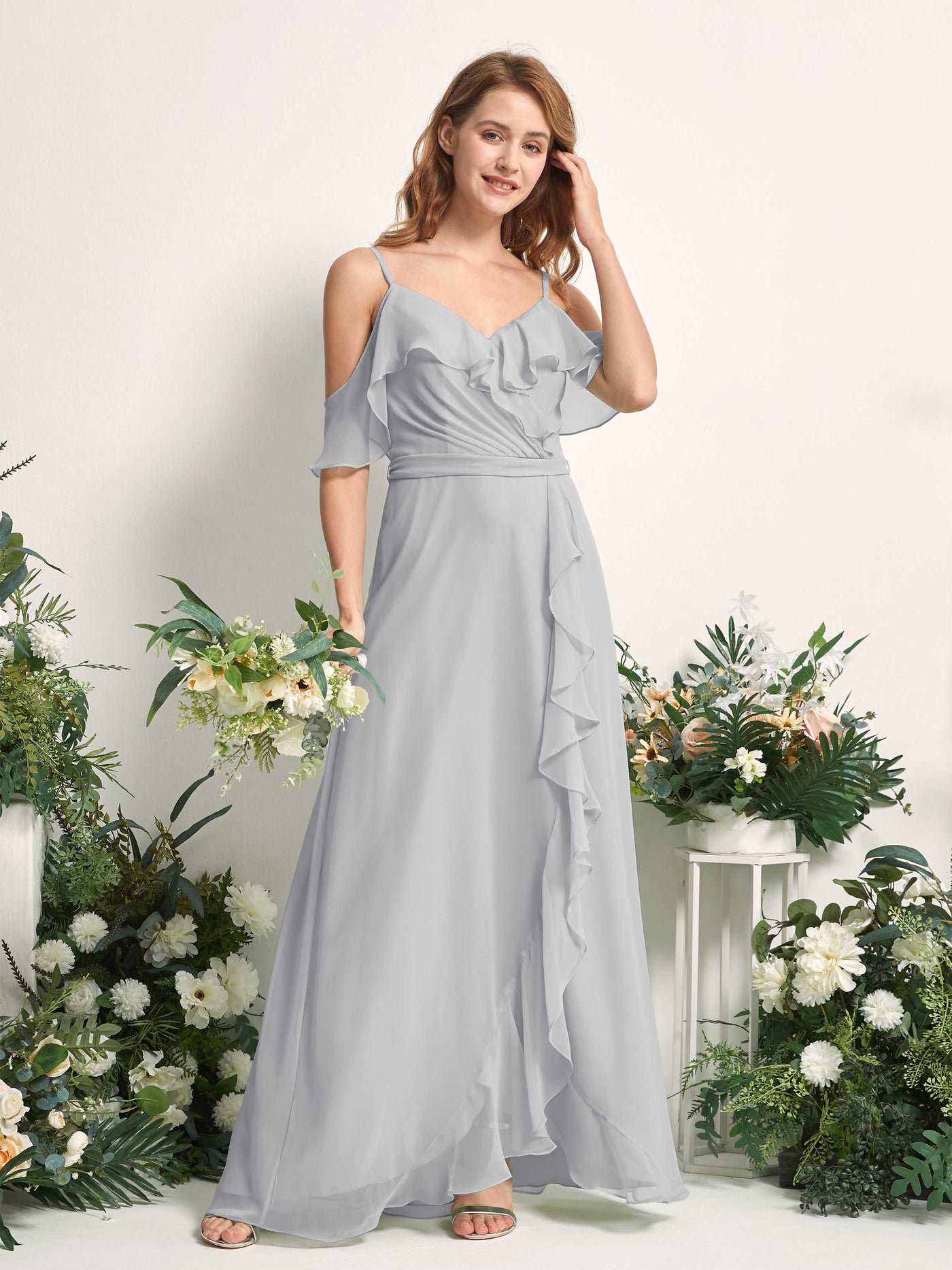 Bridesmaid Dress A-line Chiffon Spaghetti-straps Full Length Sleeveless Wedding Party Dress - Silver (81227427)#color_silver