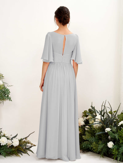 Carlyna Odette A-Line Silver Bridesmaid Dress Maxi Short Sleeve V-Neck Dress Back View #color_silver