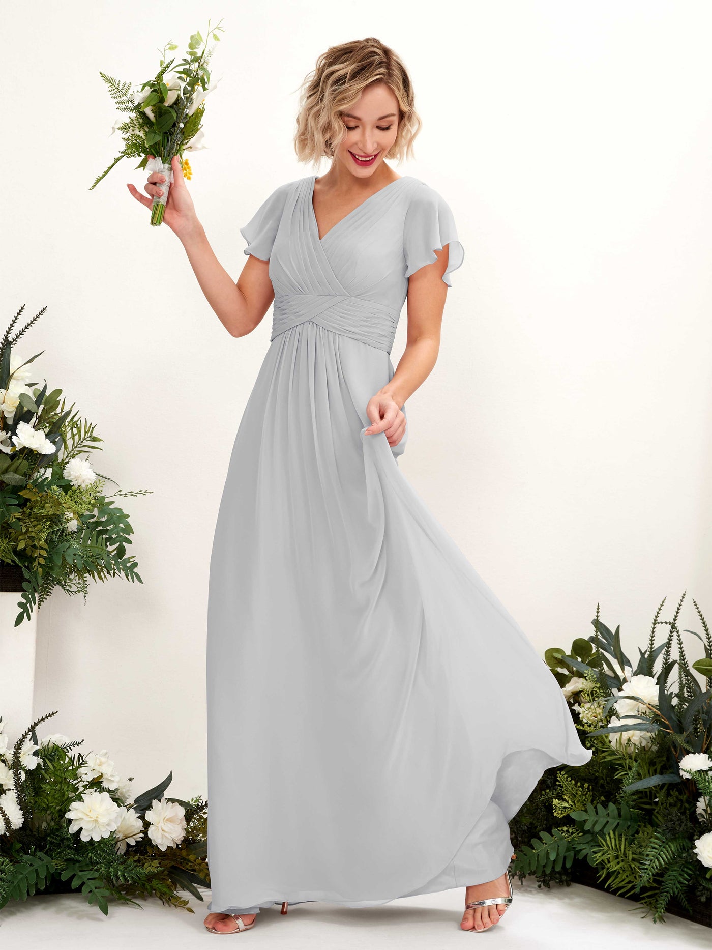 Silver Bridesmaid Dresses Bridesmaid Dress A-line Chiffon V-neck Full Length Short Sleeves Wedding Party Dress (81224327)#color_silver