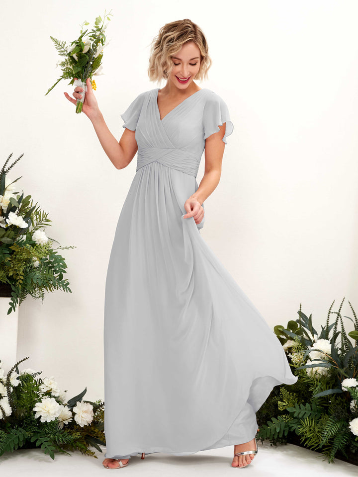 Silver Bridesmaid Dresses Bridesmaid Dress A-line Chiffon V-neck Full Length Short Sleeves Wedding Party Dress (81224327)