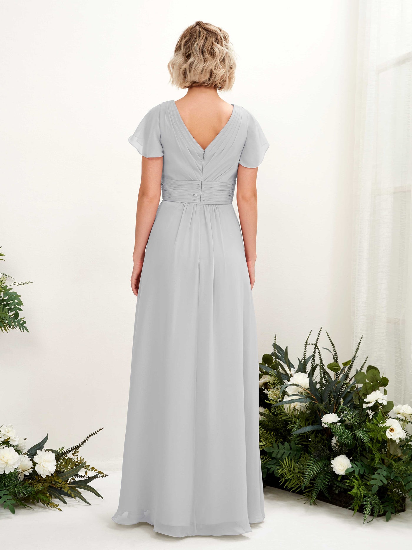 Silver Bridesmaid Dresses Bridesmaid Dress A-line Chiffon V-neck Full Length Short Sleeves Wedding Party Dress (81224327)#color_silver