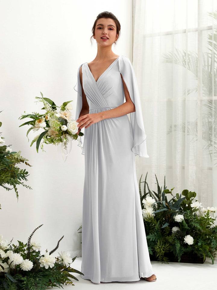 Silver Bridesmaid Dresses Bridesmaid Dress A-line Chiffon Straps Full Length Long Sleeves Wedding Party Dress (80220127)