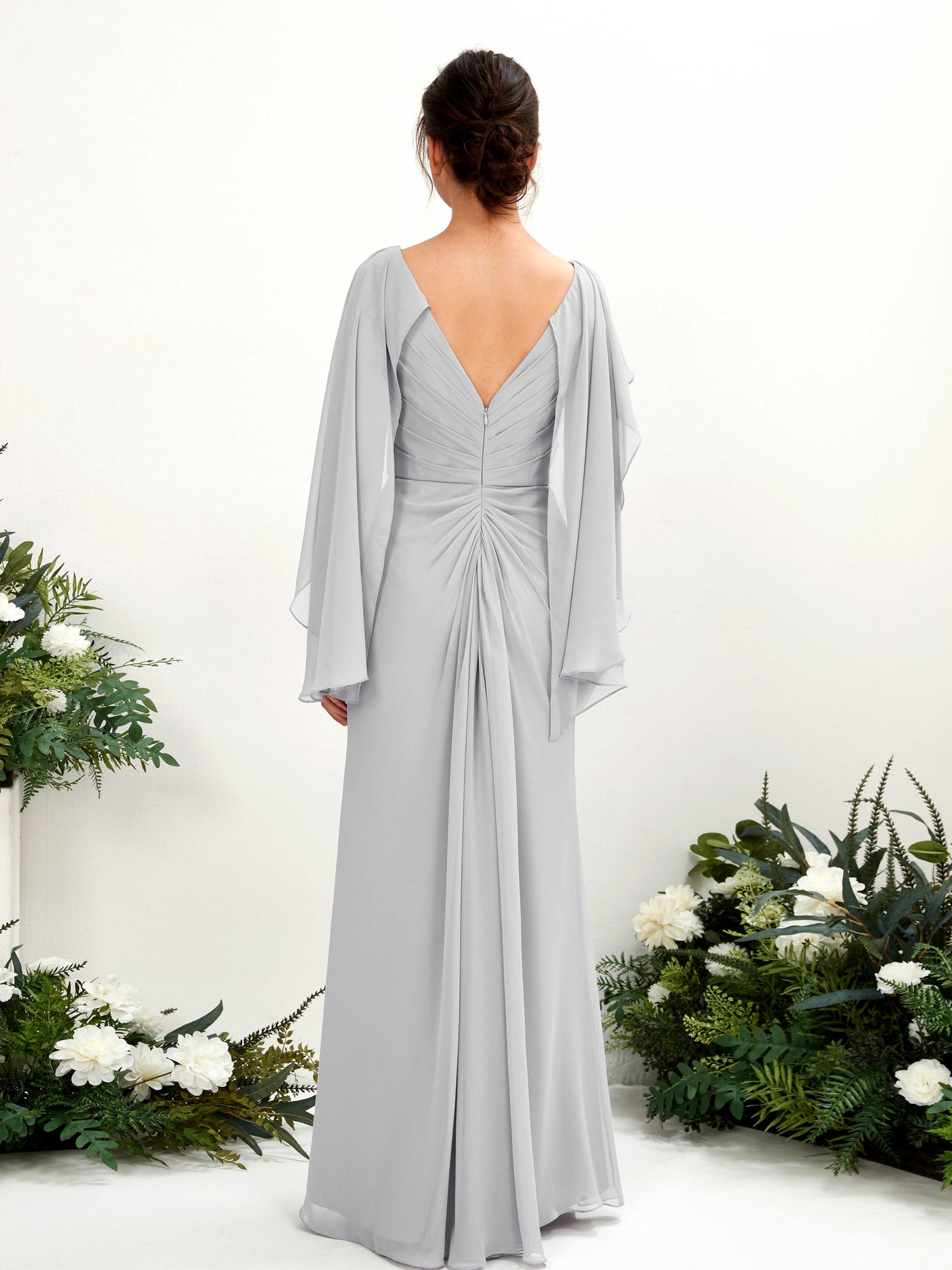 Silver Bridesmaid Dresses Bridesmaid Dress A-line Chiffon Straps Full Length Long Sleeves Wedding Party Dress (80220127)#color_silver