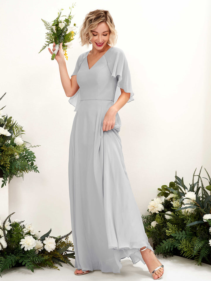 Silver Bridesmaid Dresses Bridesmaid Dress A-line Chiffon V-neck Full Length Short Sleeves Wedding Party Dress (81224427)