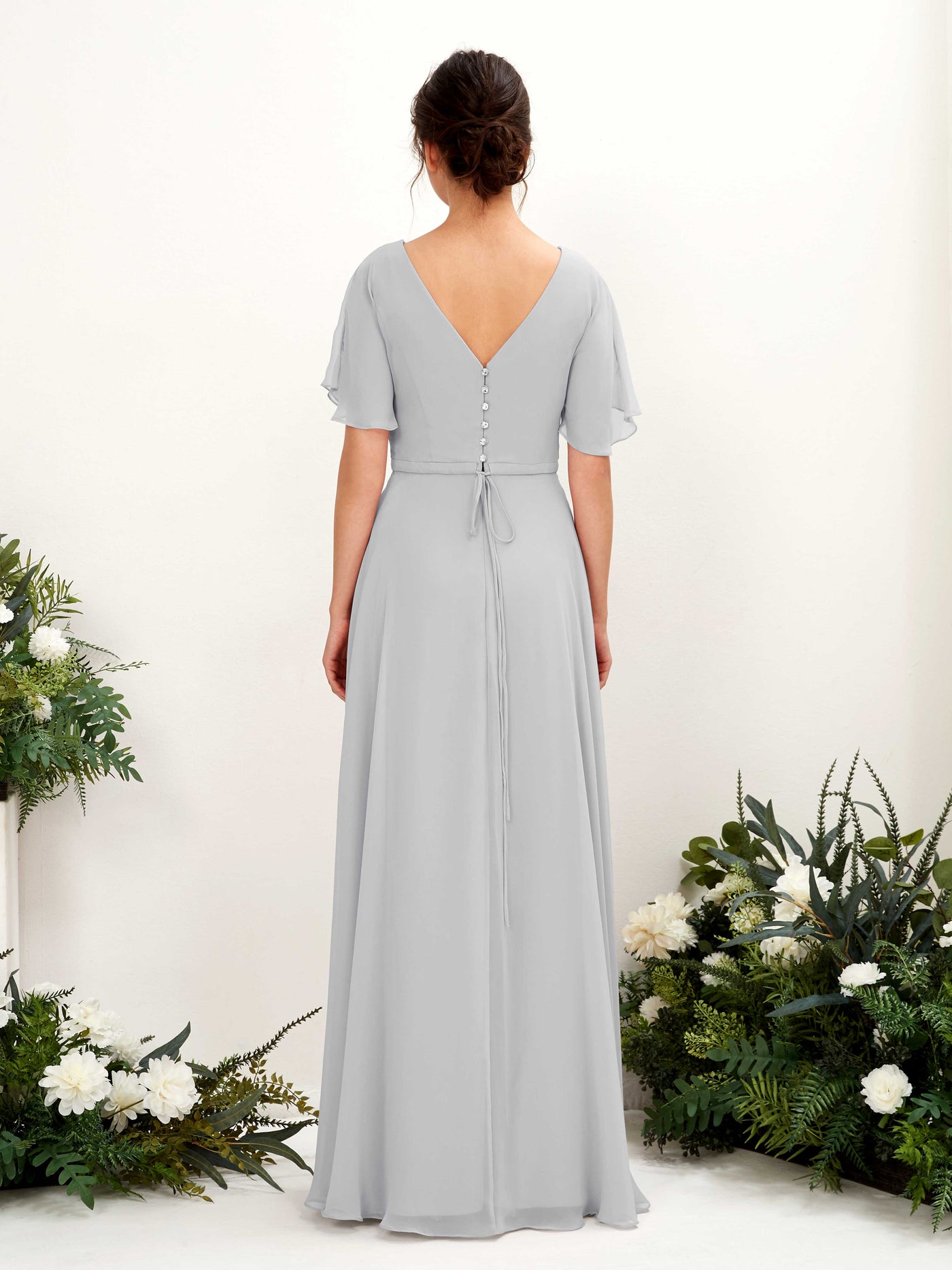 Silver Bridesmaid Dresses Bridesmaid Dress A-line Chiffon V-neck Full Length Short Sleeves Wedding Party Dress (81224627)#color_silver
