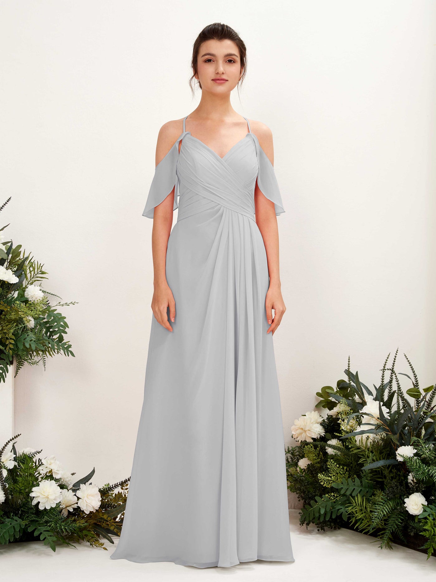 Ball Gown Off Shoulder Spaghetti-straps Chiffon Bridesmaid Dress - Silver (81221727)#color_silver