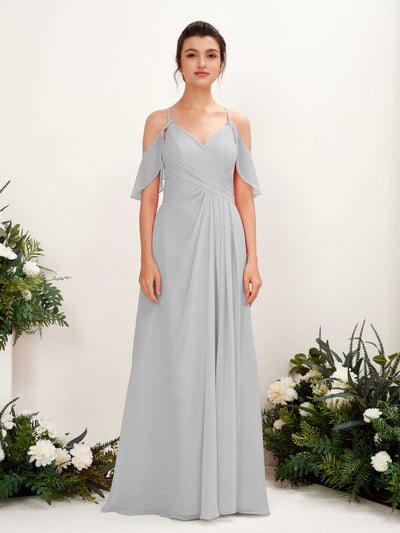 Carlyna Orlane A-Line Silver Bridesmaid Dress Maxi Sleeveless V-Neck Dress Front View #color_silver