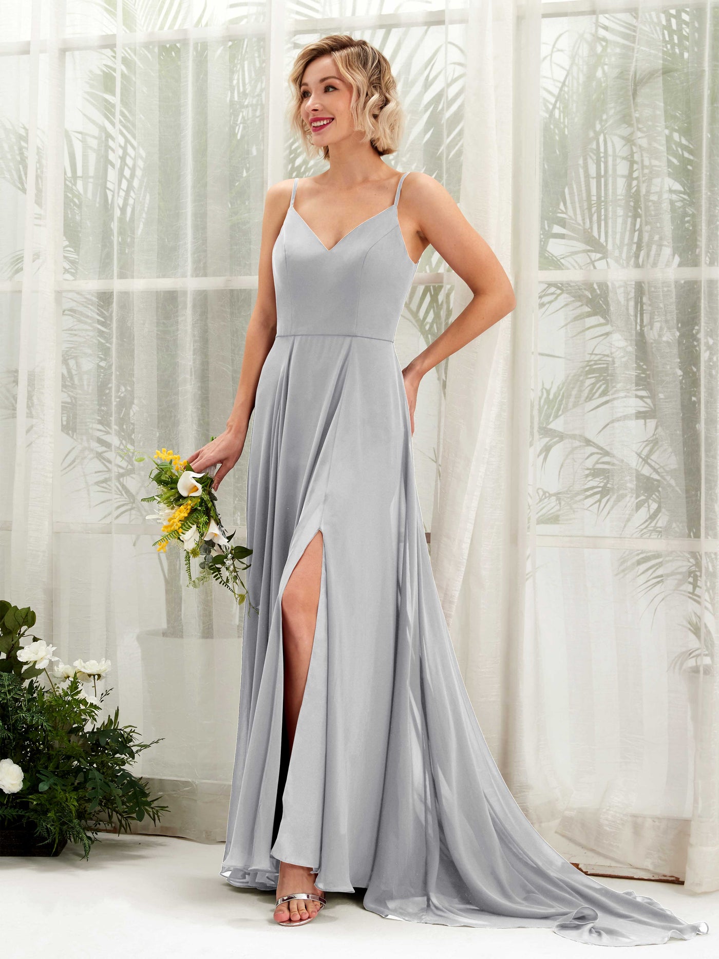 Silver Bridesmaid Dresses Bridesmaid Dress A-line Chiffon V-neck Full Length Sleeveless Wedding Party Dress (81224127)#color_silver