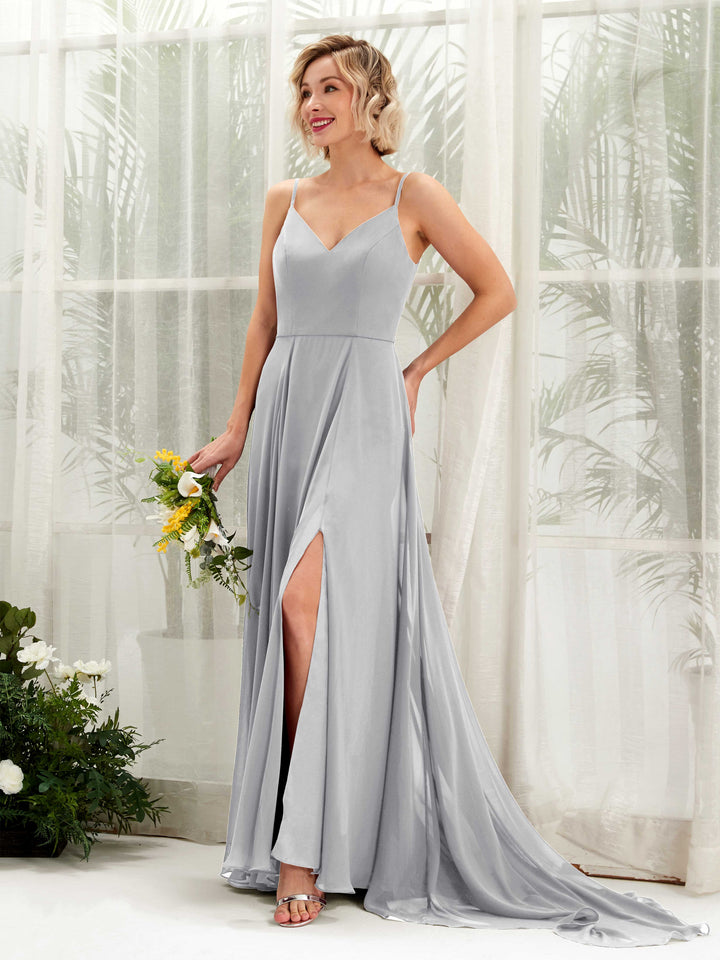 Silver Bridesmaid Dresses Bridesmaid Dress A-line Chiffon V-neck Full Length Sleeveless Wedding Party Dress (81224127)