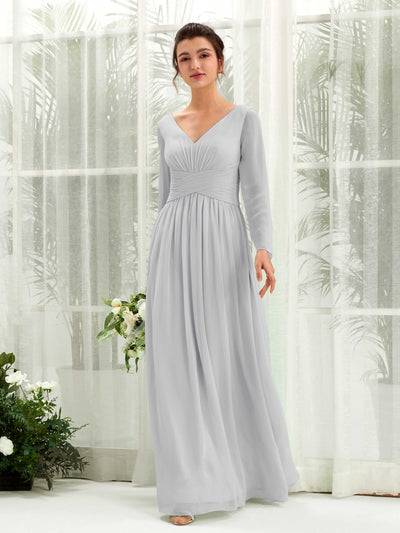 Silver Bridesmaid Dresses Bridesmaid Dress A-line Chiffon V-neck Full Length Long Sleeves Wedding Party Dress (81220327)#color_silver