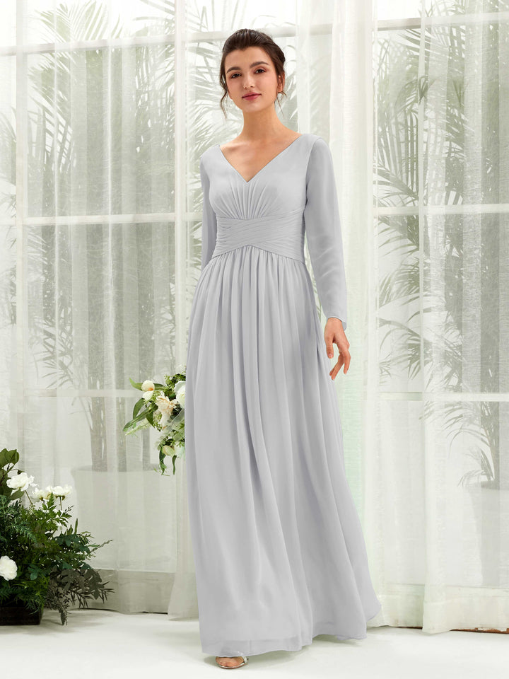 Silver Bridesmaid Dresses Bridesmaid Dress A-line Chiffon V-neck Full Length Long Sleeves Wedding Party Dress (81220327)