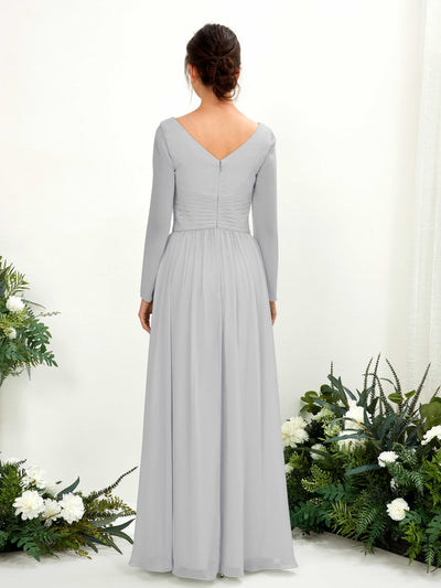 Carlyna Coline A-Line Silver Bridesmaid Dress Maxi Long Sleeve V-Neck Back View #color_silver
