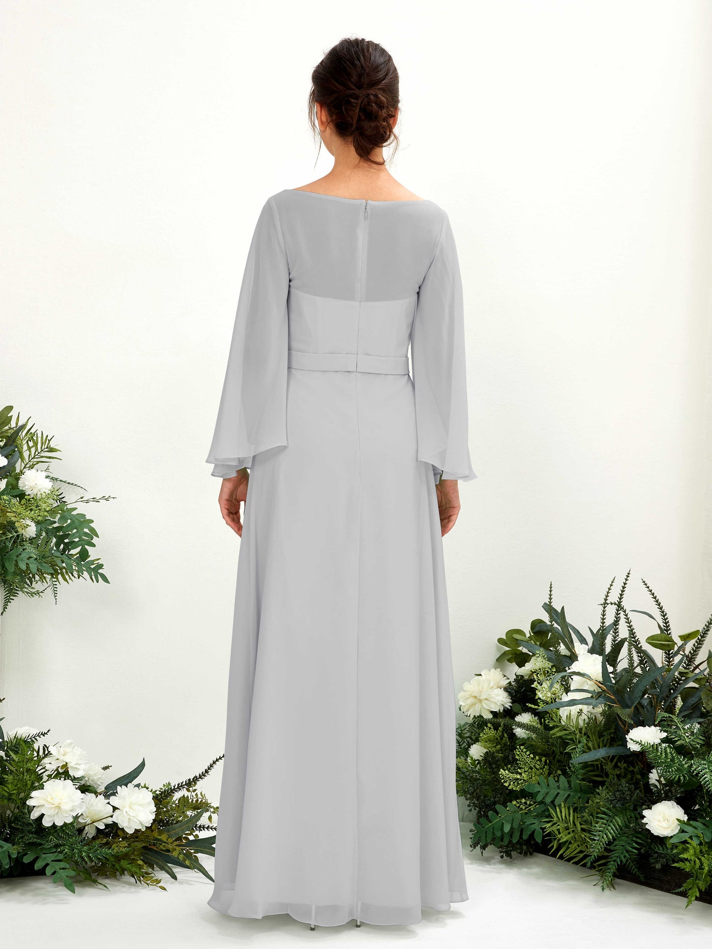 Silver Bridesmaid Dresses Bridesmaid Dress A-line Chiffon Bateau Full Length Long Sleeves Wedding Party Dress (81220527)#color_silver