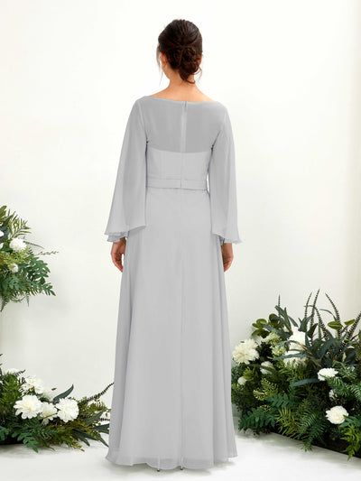 Carlyna Elie A-Line Silver Bridesmaid Dress Maxi Long Sleeve Boat Neck Back View #color_silver
