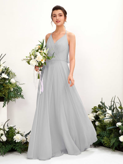 Carlyna Launo A-Line Silver Bridesmaid Dress Maxi Sleeveless V-Neck Dress Front View #color_silver