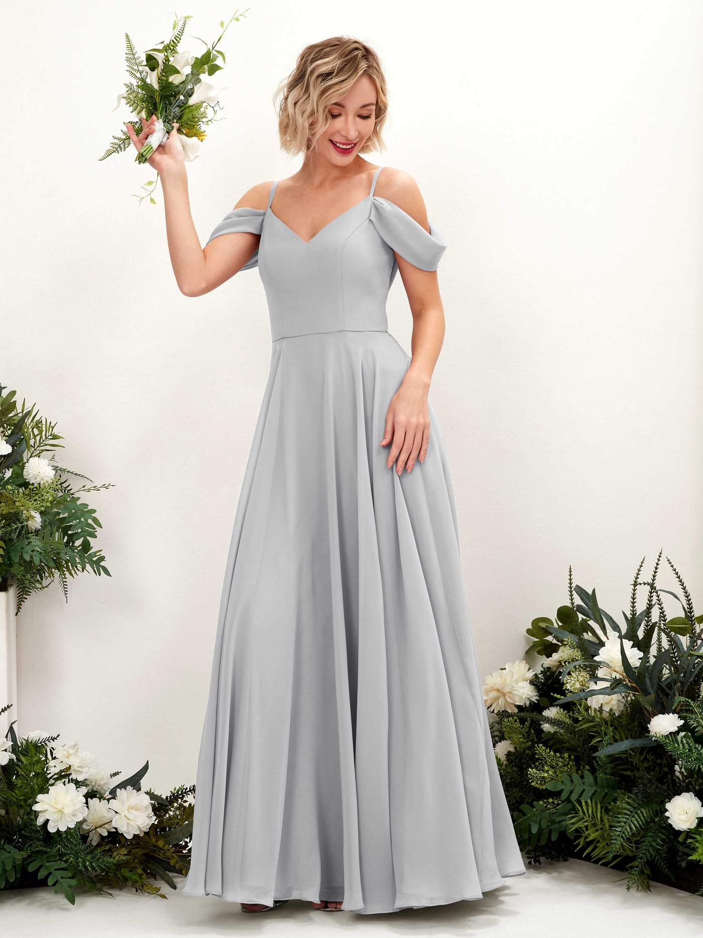 Silver Bridesmaid Dresses Bridesmaid Dress A-line Chiffon Off Shoulder Full Length Sleeveless Wedding Party Dress (81224927)#color_silver