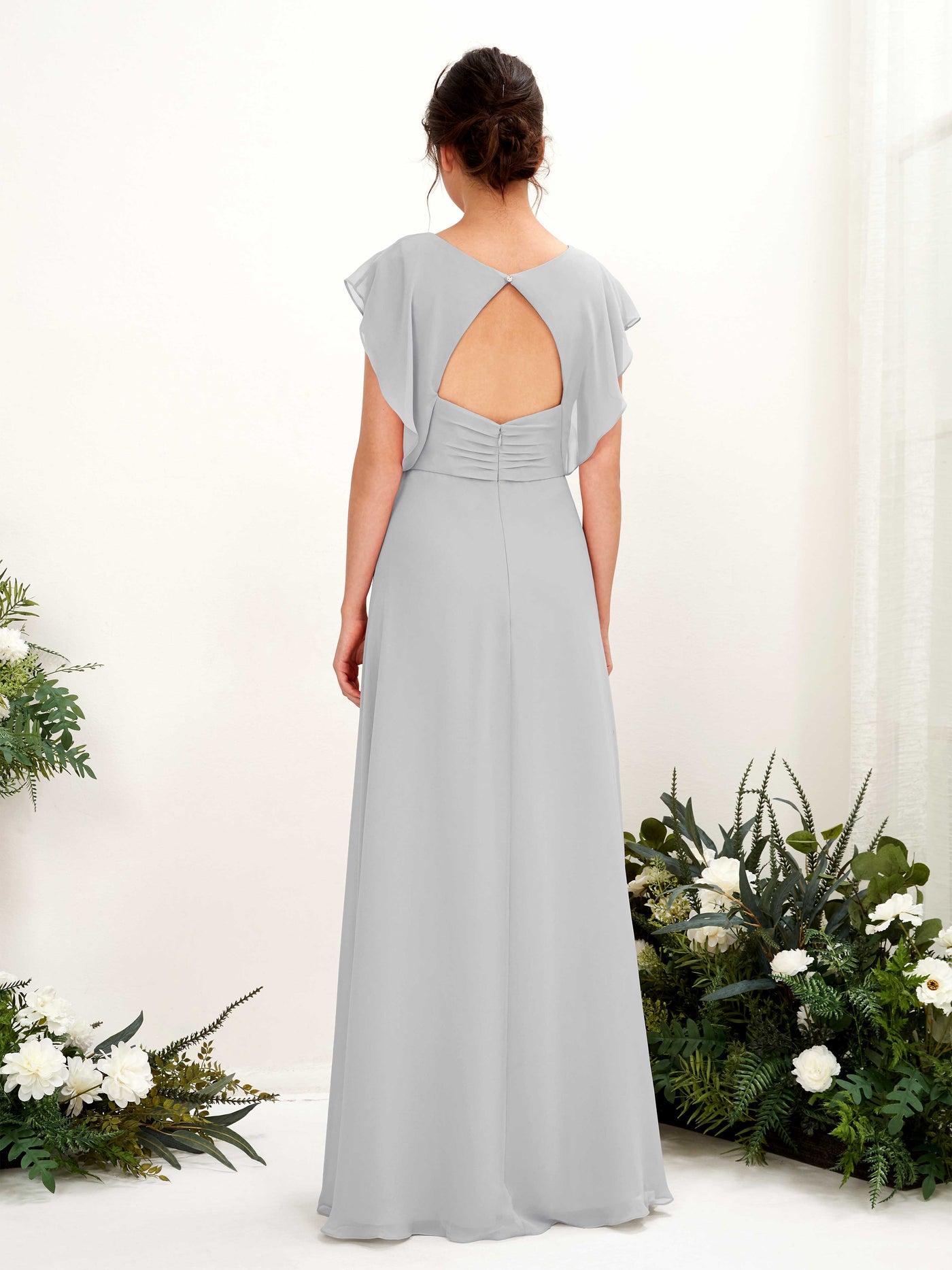 Silver Bridesmaid Dresses Bridesmaid Dress A-line Chiffon V-neck Full Length Short Sleeves Wedding Party Dress (81225627)#color_silver