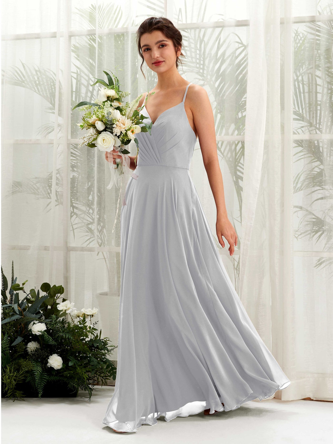 Silver Bridesmaid Dresses Bridesmaid Dress Chiffon Spaghetti-straps Full Length Sleeveless Wedding Party Dress (81224227)#color_silver