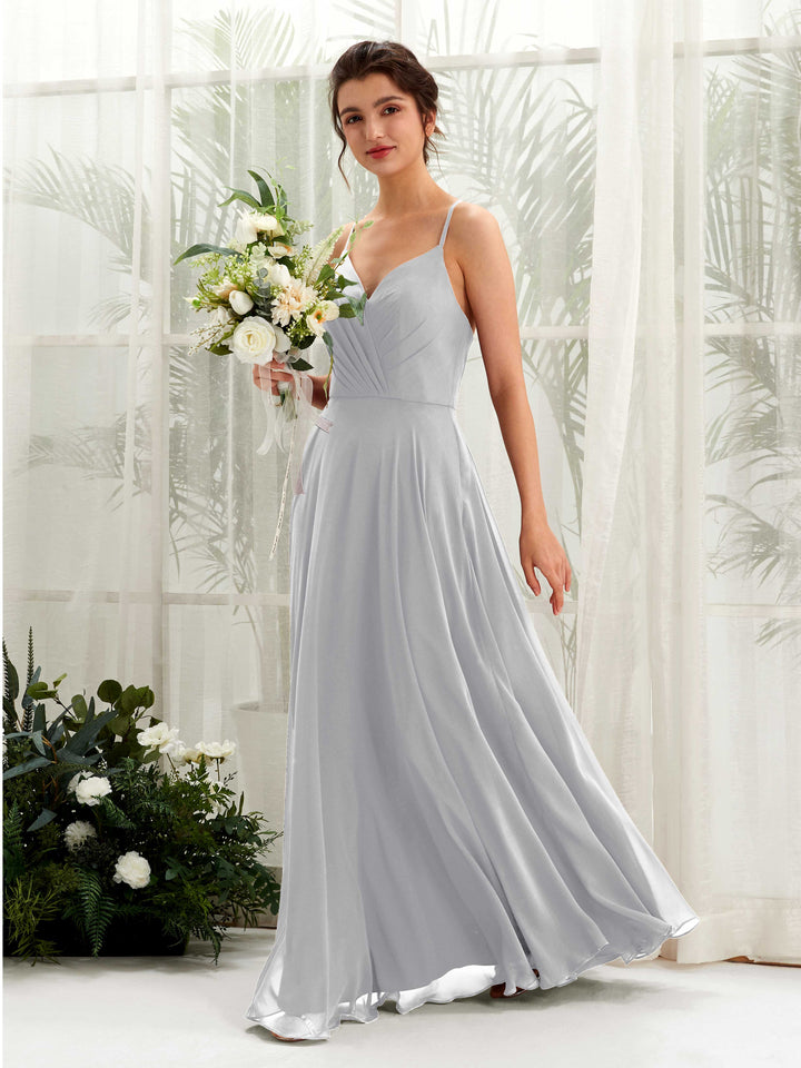 Silver Bridesmaid Dresses Bridesmaid Dress Chiffon Spaghetti-straps Full Length Sleeveless Wedding Party Dress (81224227)