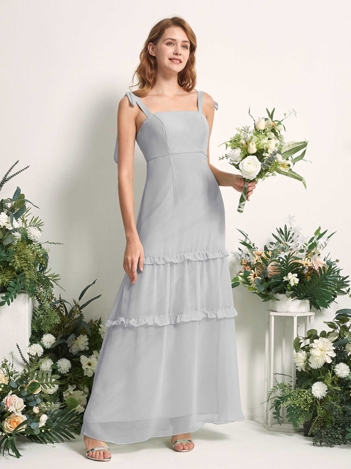 Bridesmaid Dress Chiffon Straps Full Length Sleeveless Wedding Party Dress - Silver (81227527)