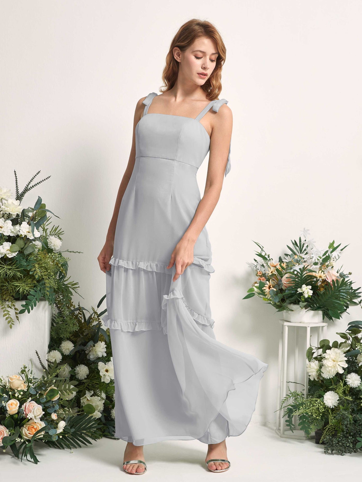 Bridesmaid Dress Chiffon Straps Full Length Sleeveless Wedding Party Dress - Silver (81227527)#color_silver