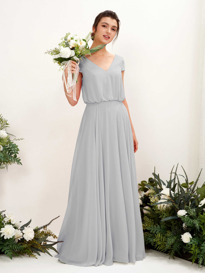 Silver Bridesmaid Dresses Bridesmaid Dress A-line Chiffon V-neck Full Length Short Sleeves Wedding Party Dress (81221827)