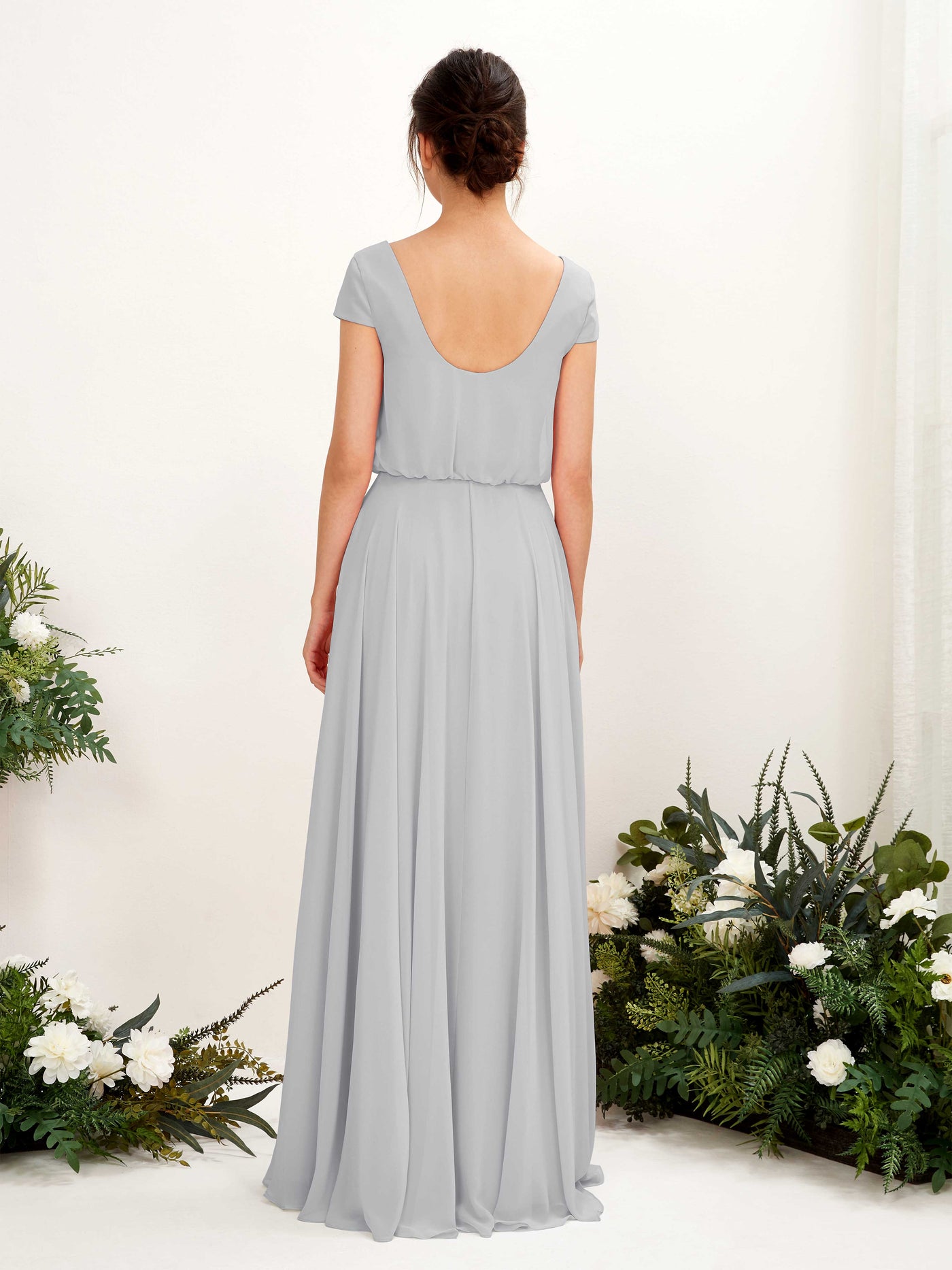 Silver Bridesmaid Dresses Bridesmaid Dress A-line Chiffon V-neck Full Length Short Sleeves Wedding Party Dress (81221827)#color_silver