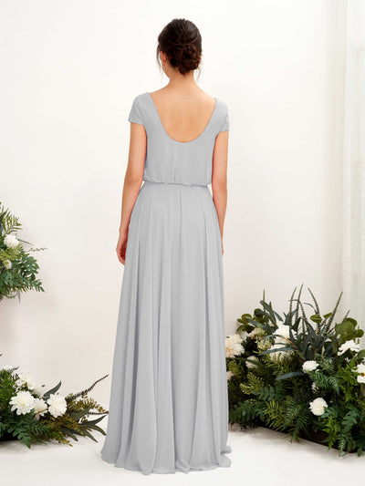 Carlyna Pauline A-Line Silver Bridesmaid Dress Maxi Cap Sleeve V-Neck Dress Back View #color_silver