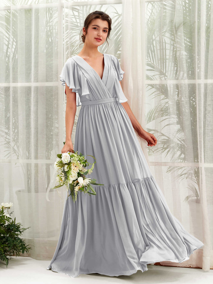 Silver Bridesmaid Dresses Bridesmaid Dress A-line Chiffon V-neck Full Length Short Sleeves Wedding Party Dress (81225927)