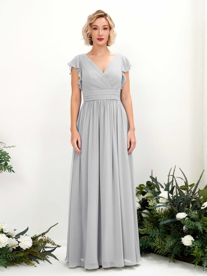 Silver Bridesmaid Dresses Bridesmaid Dress A-line Chiffon V-neck Full Length Short Sleeves Wedding Party Dress (81222727)