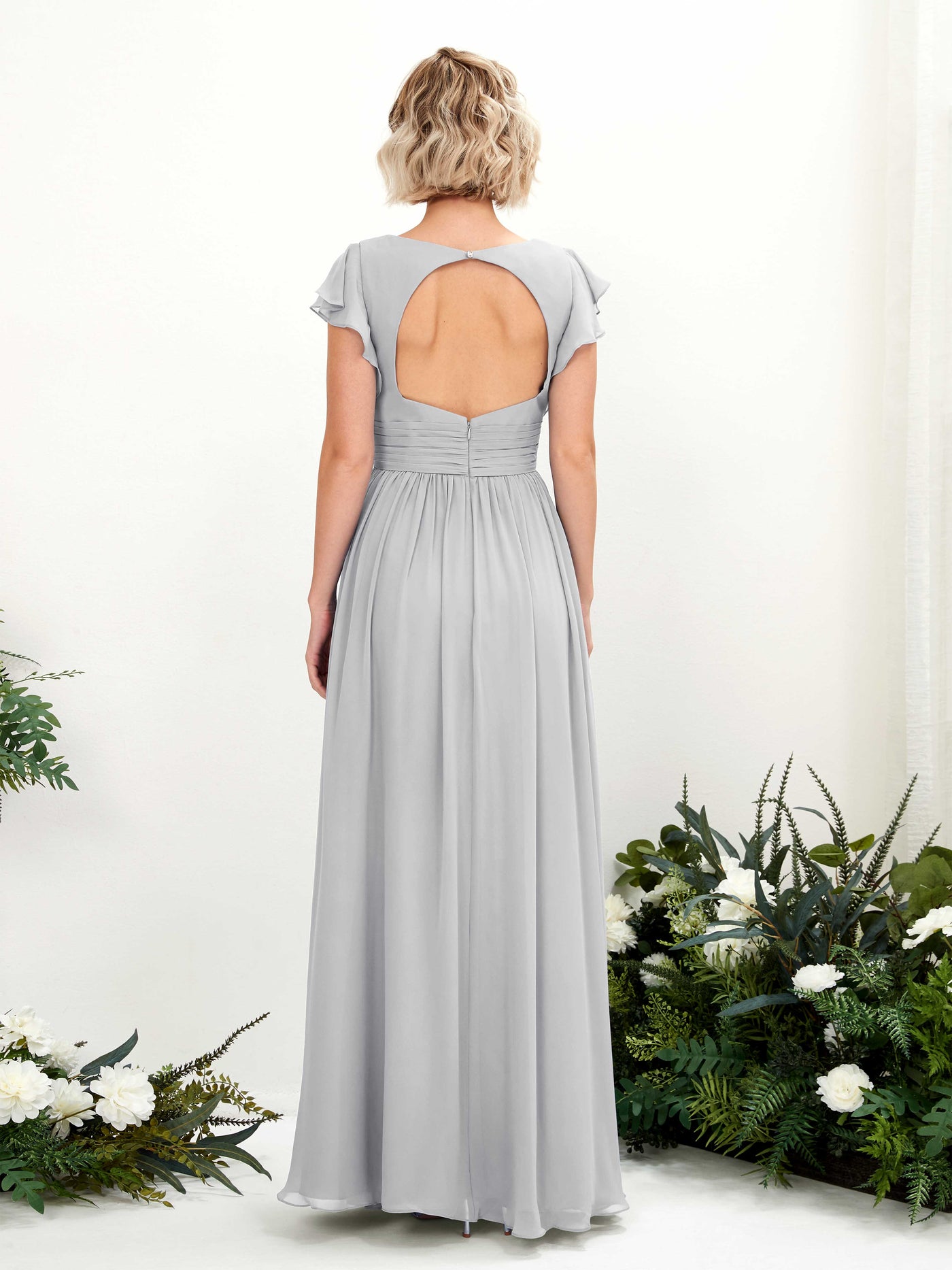 Silver Bridesmaid Dresses Bridesmaid Dress A-line Chiffon V-neck Full Length Short Sleeves Wedding Party Dress (81222727)#color_silver