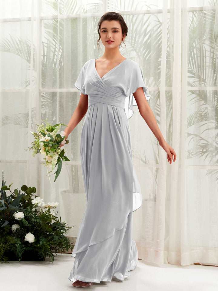 Open back V-neck Short Sleeves Chiffon Bridesmaid Dress - Silver (81226127)