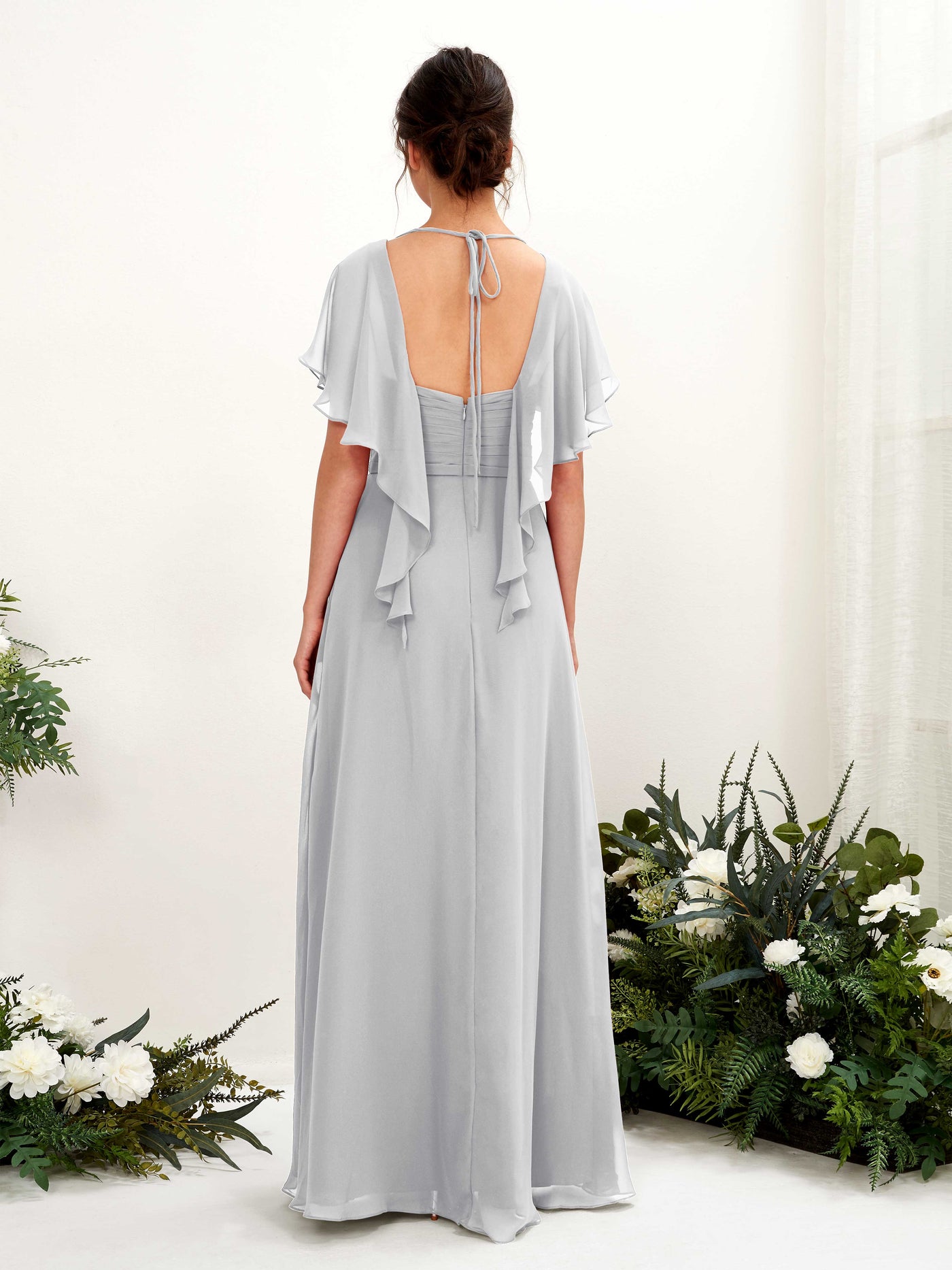 Open back V-neck Short Sleeves Chiffon Bridesmaid Dress - Silver (81226127)#color_silver